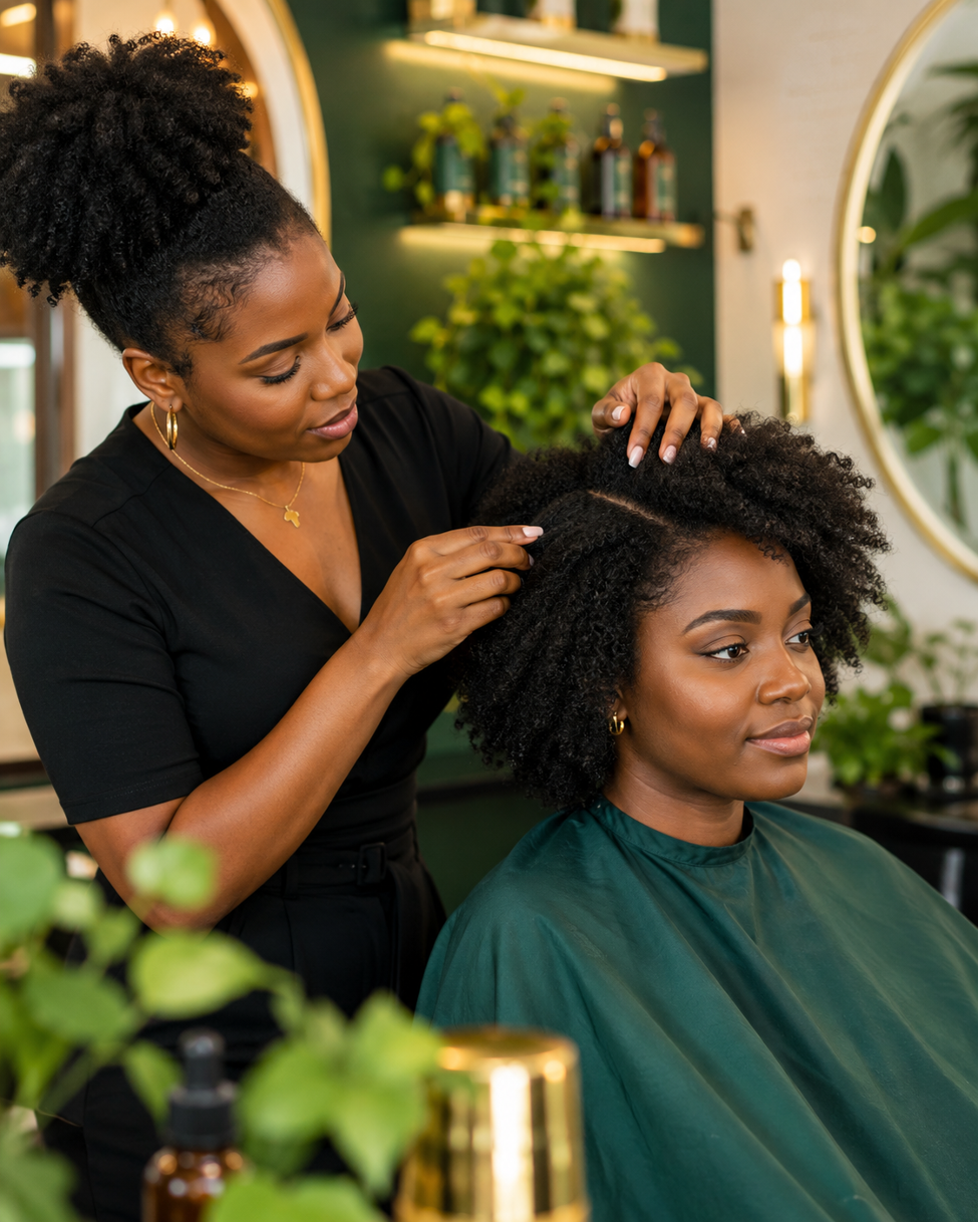 Natural hair specialist caring for a client
